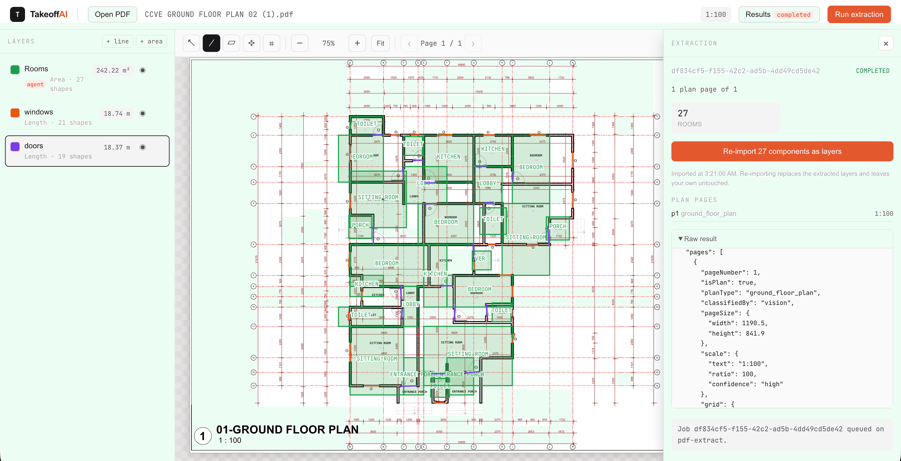 The Takeoff AI workspace: annotation layers listed on the left with a measured area, a ground floor plan in the centre with one bedroom highlighted as an area annotation, and the sheet thumbnail rail on the right.